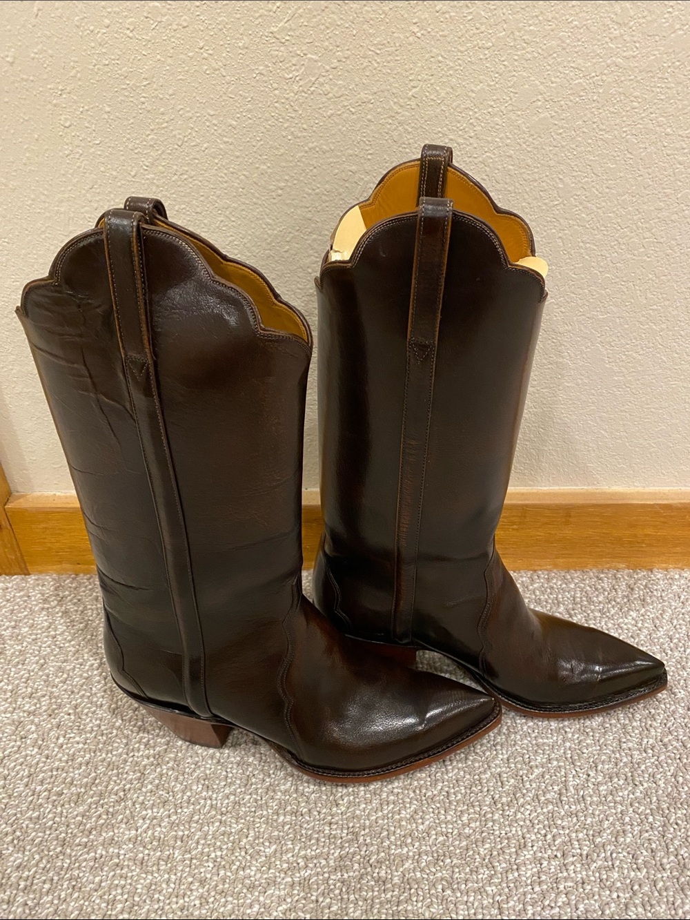 Lucchese Black Leather Western Heeled Boots with Brown Soles